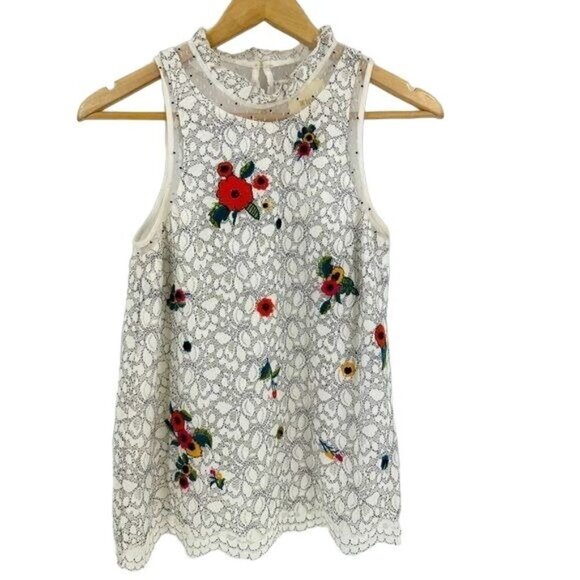 Anthropologie Maeve Macie Lace Embroidered Sequin Beaded Top Floral Size 0 - Picture 3 of 11